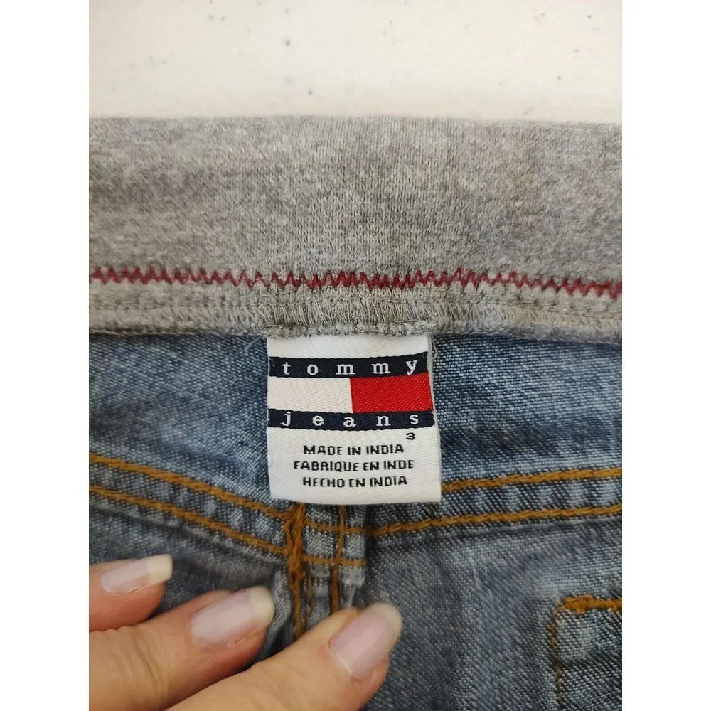 Tommy Girl Jeans 85 Patch Blue Denim Gray Jersey Waistband Bootcut Y2K Size 3‎